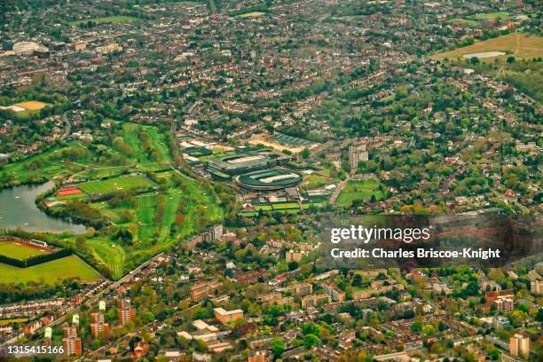 the all england lawn tennis club (aelt) in sw19 london / aerial - wimbledon aerial stock pictures, royalty-free photos & images
