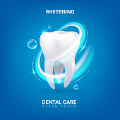 Dental care. Realistic clean 3D tooth. Whitening enamel or oral hygiene. Dentist service advertising banner with lettering. Professional teeth treatment. Vector dentistry and healthcare