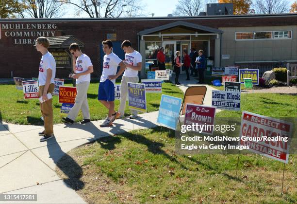 Election day coverage in Berks County. Students from the Wilson H.S. Teenage Republicans campaign at Muhlenberg community library, L to R Andrew...