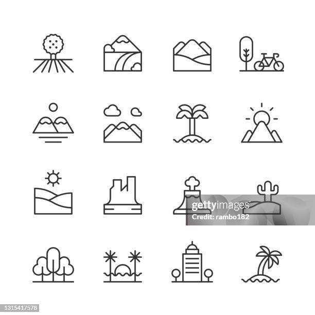 landschaft linie icons. bearbeitbarer strich. pixel perfekt. für mobile und web. enthält symboleweise strand, stadt, landschaft, wüste, umwelt, wald, wandern, insel, landschaft, berg, natur, im freien, park, sommer, sonne, baum, urlaub, vulkan - desert stock-grafiken, -clipart, -cartoons und -symbole