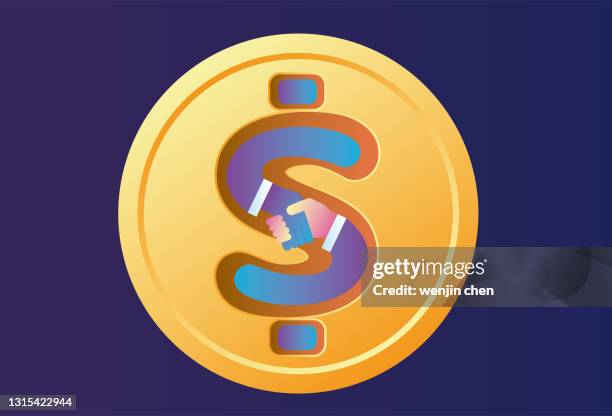 dollar icon, cooperation for wealth - handshake closeup stock illustrations