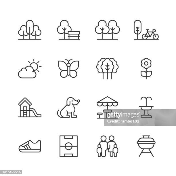 park line icons. editable stroke. pixel perfect. for mobile and web. contains such icons as carousel, dog, family, fitness, fountain, friendship, grass, healthy lifestyle, landscape, nature, plant, playground, sport, spring, sun, swing, tree, walking - field of view icon stock illustrations