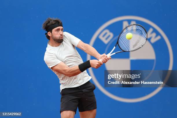 Nikoloz Basilashvili of Georgia plays a back hand during his quater finale match against Norbert Gombos of Slovakia on day 7 of the BMW Open at MTTC...