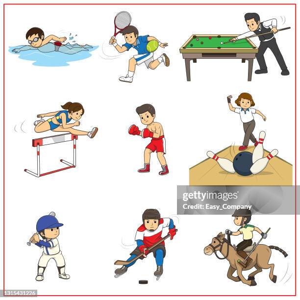 eine reihe von cartoon-bilder über 9 sportarten: tennis, schwimmen, snooker, hürden, boxen, bowling, baseball, eishockey und reithockey. wird für unterrichtsmaterialien für kinder verwendet. um sportliche aktivitäten zu erlernen - poolbillard billard stock-grafiken, -clipart, -cartoons und -symbole