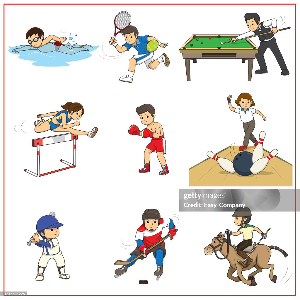 A Set Of Cartoon Pictures About 9 Sports Tennis Swimming Snooker Hurdles  Boxing Bowling Baseball Ice Hockey And Horse Riding Hockey Used For  Teaching Materials For Children To Learn To Do Sports