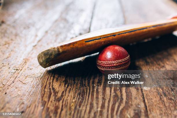 cricket bat resting on ball on wooden floor - cricket schläger stock-fotos und bilder