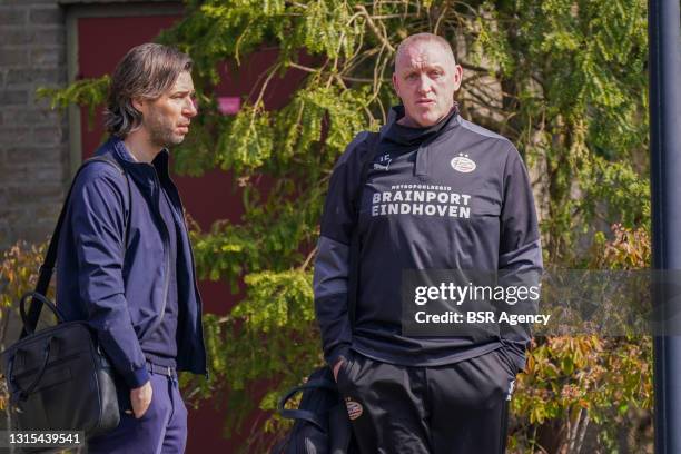 John de Jong and John Feskens during an Eindhoven Training Session at PSV Campus de Herdgang on April 28, 2021 in Eindhoven, Netherlands.