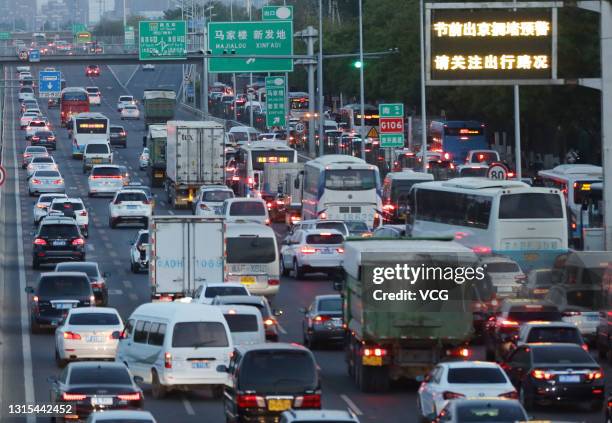 View of traffic jam on the eve of the May Day holiday on April 30, 2021 in Beijing, China.