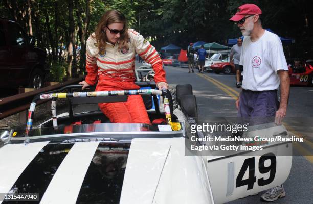 Photo by Lauren A. LittleAugust 23, 2009Duryea Hill Climb Joanna L. Shields gets out of the car and talks to her father, William M. Shields, as she...