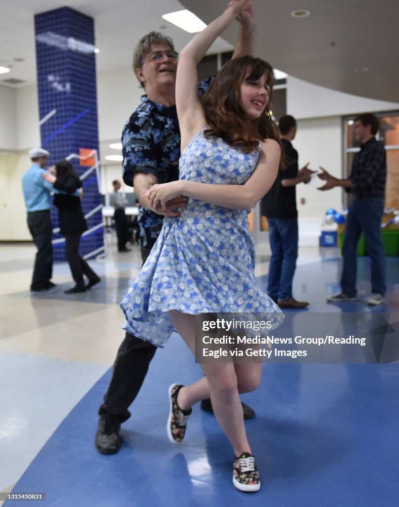Dancin' Dave Ewing, of Douglassvill, dances with Veronica DeHart, 17. At Exeter High School Friday evening 12/4/2015 where a Swing Dance was held to raise money for the Exeter Music Association. The dance was the senior project of Veronica DeHart, 17, a s