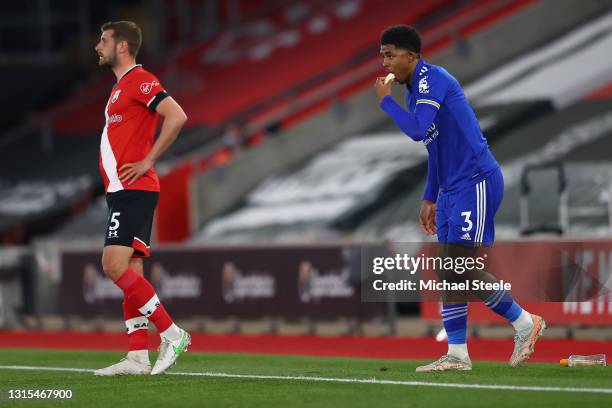 Wesley Fofana of Leicester City breaks his fast during a break in play during the Premier League match between Southampton and Leicester City at St...