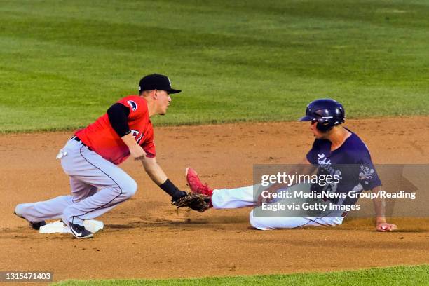 Reading Fightin' Phils' Nick Rickles gets tagged out at second by Erie Seawolves' Logan Watkins during a baseball game at FirstEnergy Stadium. Photo...