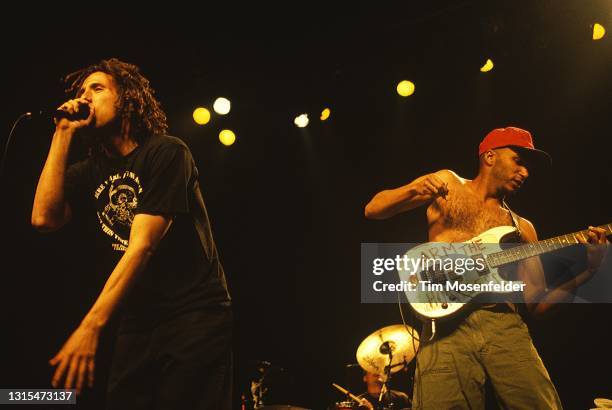 Zack de la Rocha and Tom Morello of Rage Against the Machine perform at San Jose State Event Center on Sepember 8, 1996 in San Jose, California.