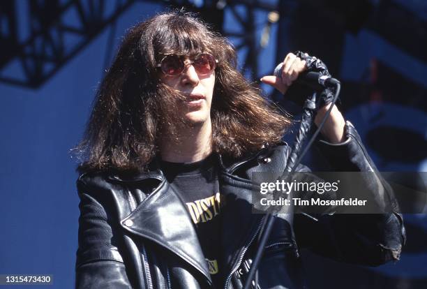 Joey Ramone of Ramones performs during Lollapalooza at Winnebago County Fairgrounds on June 30, 1996 in Rockford, Illinois.