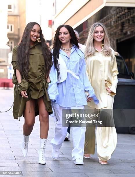 Leigh-Anne Pinnock, Jade Thirlwall and Perrie Edwards of Little Mix arrive at Global radio studios on April 30, 2021 in London, England.