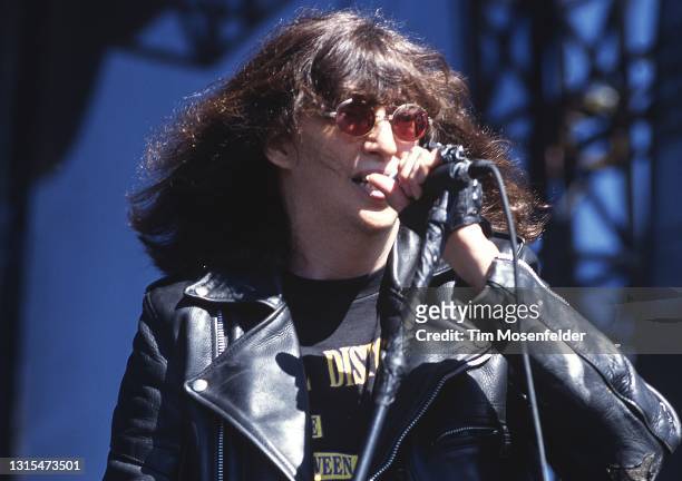 Joey Ramone of Ramones performs during Lollapalooza at Winnebago County Fairgrounds on June 30, 1996 in Rockford, Illinois.