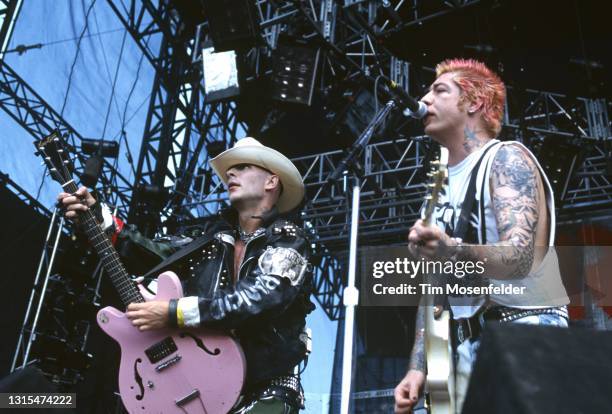 Tim Armstrong and Lars Frederiksen of Rancid perform during Lollapalooza at Winnebago County Fairgrounds on June 30, 1996 in Rockford, Illinois.
