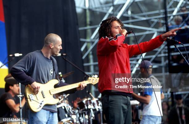 Tim Commerford, Zack de la Rocha, and Tom Morello of Rage Against the Machine perform during the Tibetan Freedom Concert at the Polo Fields in Golden...