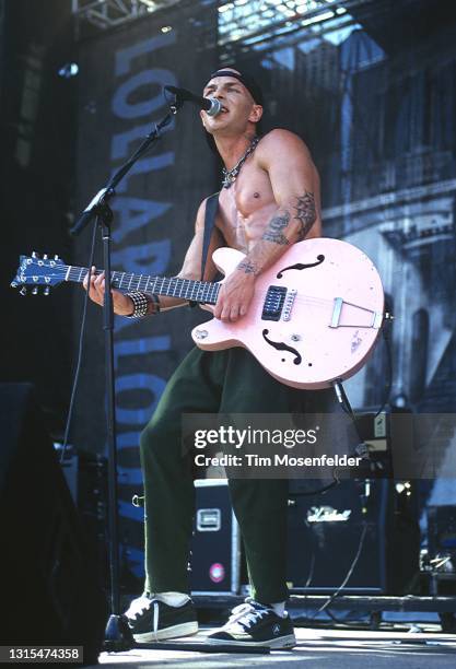 Tim Armstrong of Rancid performs during Lollapalooza at Spartan Stadium on August 2, 1996 in San Jose, California.