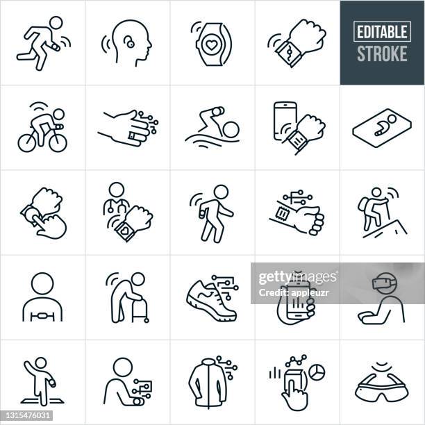 ilustraciones, imágenes clip art, dibujos animados e iconos de stock de iconos de línea delgada de tecnología ponible - trazo ediatable - ordenador para utilizar como accesorio