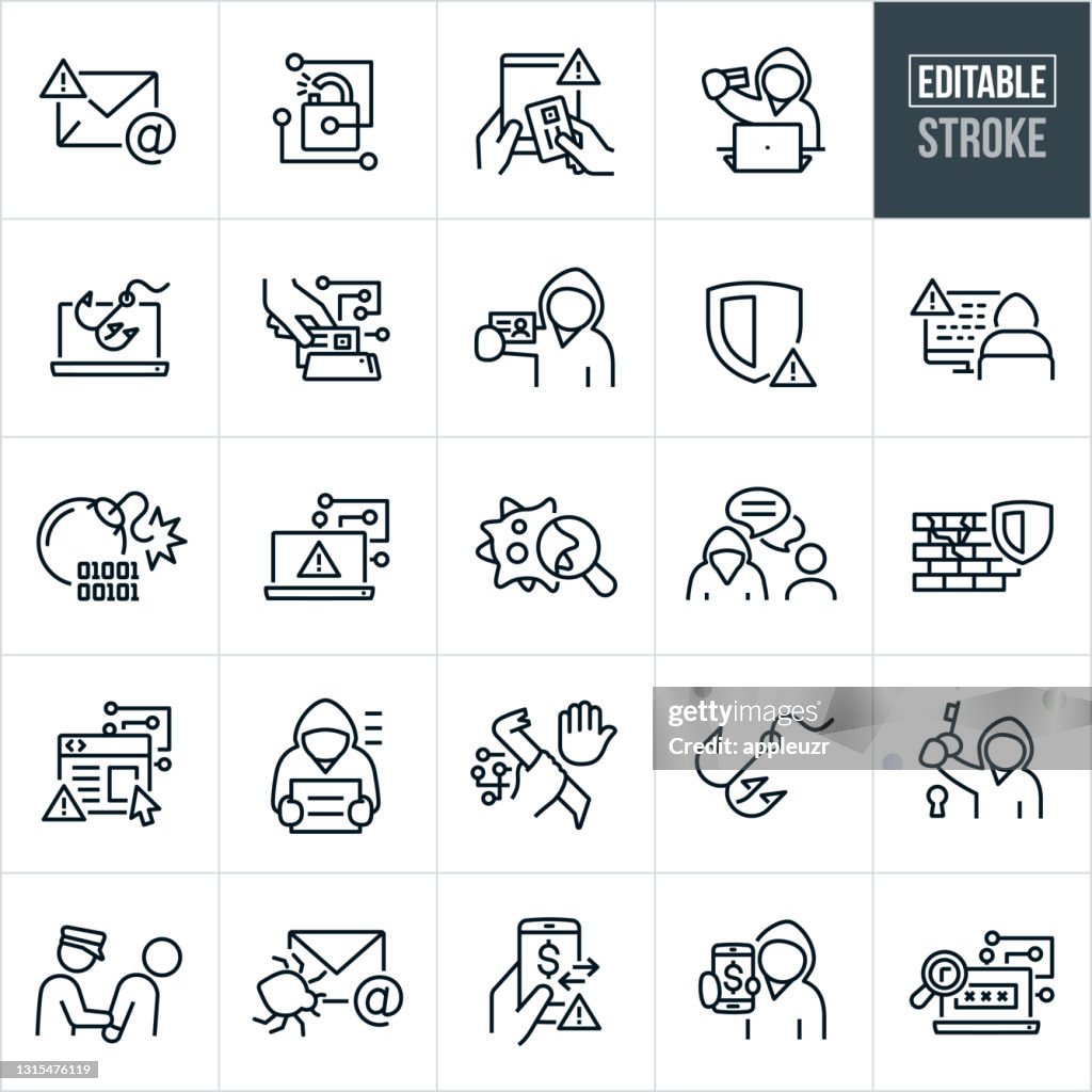 Icônes de ligne mince de cybercriminalité - Course modifiable