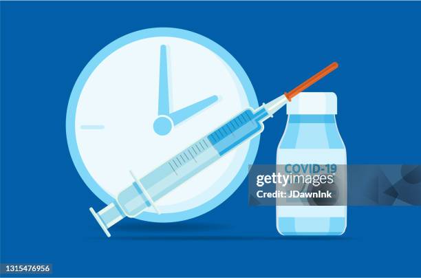 covid-19 flu virus vaccine syringe and icon with clock for time of booking appointments - covid 19 vaccine stock illustrations