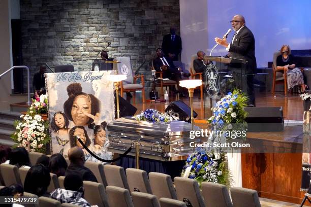 Bishop Timothy Clarke speaks at the funeral service for 16-year-old Ma'Khia Bryant at the First Church of God on April 30, 2021 in Columbus, Ohio....