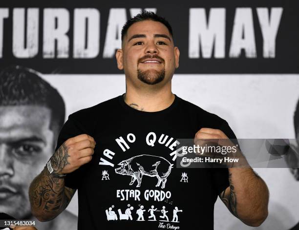 Andy Ruiz smiles during a weigh in prior to his fight against Chris Arreola on April 30, 2021 in Los Angeles, California.