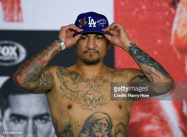 Chris Arreola poses during a weigh in prior to his fight against Andy Ruiz on April 30, 2021 in Los Angeles, California.