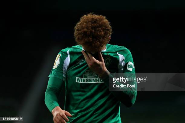 Joshua Sargent of SV Werder Bremen looks dejected following his team's defeat in the DFB Cup semi final match between Werder Bremen and RB Leipzig at...