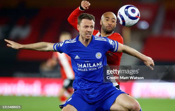 Jonny Evans of Leicester and Nathan Redmond of Southampton during the Premier League match between Southampton and Leicester City at St Mary's...