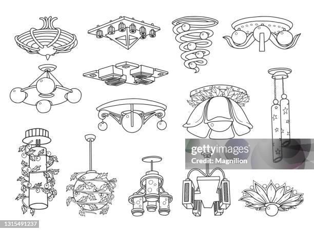 pendelleuchten und kronleuchter doodles set - hängelampe stock-grafiken, -clipart, -cartoons und -symbole
