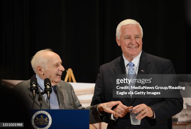 Al Boscov and Tom Corbett laugh together at a press conference at the Goggleworks Tuesday. September 16. 2014 Reading Eagle: Lauren A. Little