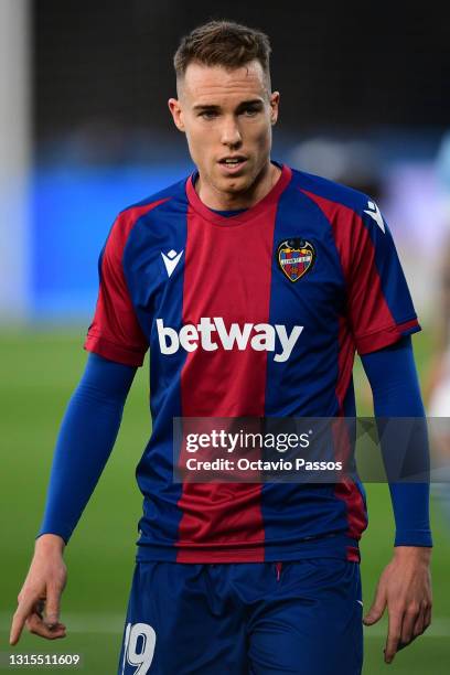 Carlos Clerc of Levante UD in action during the La Liga Santander match between RC Celta and Levante UD at Abanca-Balaídos on April 30, 2021 in Vigo,...