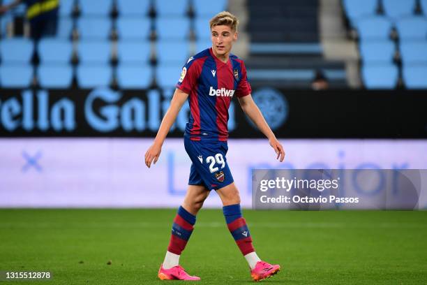 Alejandro Cantero of Levante UD in action during the La Liga Santander match between RC Celta and Levante UD at Abanca-Balaídos on April 30, 2021 in...