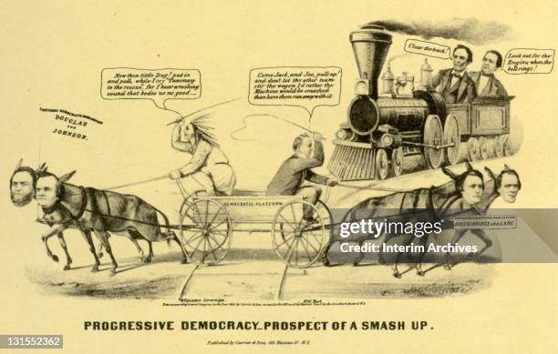 Editorial cartoon titled 'Progressive Democracy - Prospect of a Smash Up' showing the Republican candidates Abraham Lincoln and Hannibal Hamlin...
