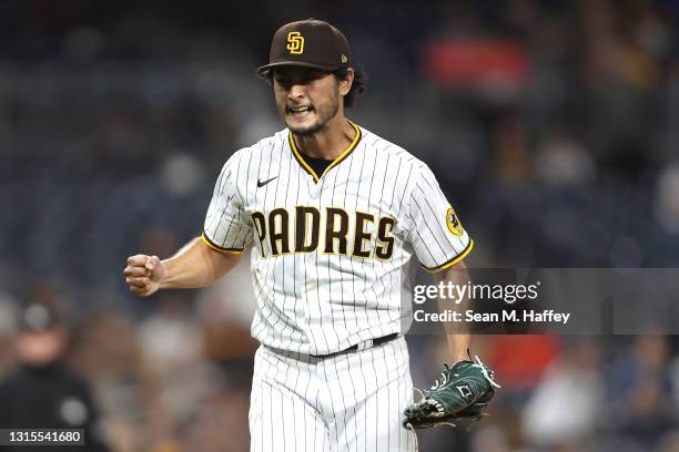 Yu Darvish of the San Diego Padres reacts to striking out Alex Dickerson of the San Francisco Giants during the sixth inning of a game at PETCO Park...