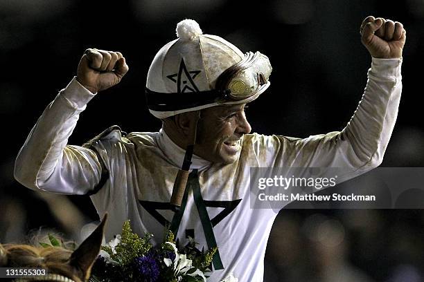 Mike Smith celebrates on Drosselmeyer after winning the Breeders' Cup Classic during the 2011 Breeders' Cup World Championships at Churchill Downs on...