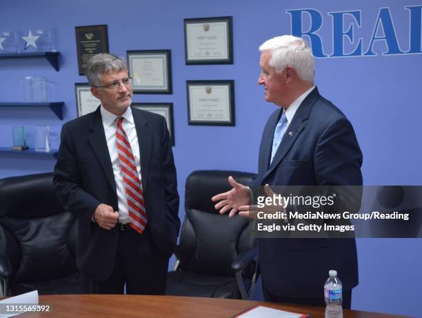 Reading Eagle CEO Peter Barbey talks with PA Gov. Tom Corbett after Gov. Corbett was interviewed at the Reading Eagle Tuesday afternoon during his...