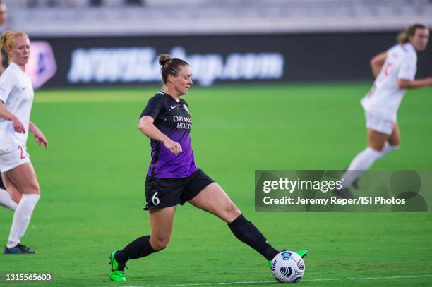 Jade Moore of the Orlando Pride dribbles the ball during a game between Washington Spirit and Orlando Pride at Exploria Stadium on April 21, 2021 in...