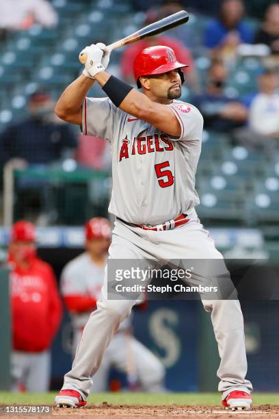 Albert Pujols of the Los Angeles Angels in action against the Seattle Mariners at T-Mobile Park on April 30, 2021 in Seattle, Washington.