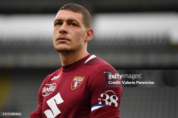 Andrea Belotti of Torino FC looks on during the Serie A match between Torino FC and SSC Napoli at Stadio Olimpico di Torino on April 26, 2021 in...