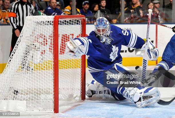 Jonas Gustavsson of the Toronto Maple Leafs has the puck get by him for a goal during NHL game action against the Boston Bruins November 5, 2011 at...
