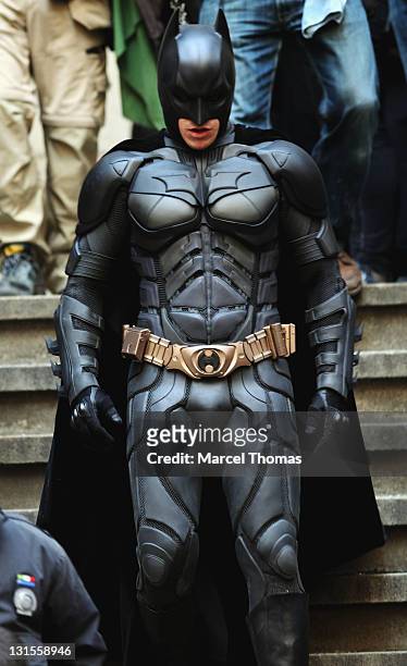 Actor Christian Bale is seen in costume as Batman on the set of "The Dark Knight Rises" on location on Wall Street on November 5, 2011 in New York...