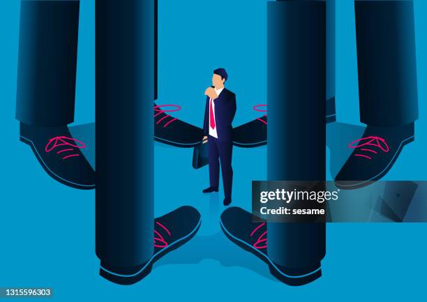 little businessman stands at a group of giants, the uneasiness and pressure of small businessmen - hierarchy stock illustrations