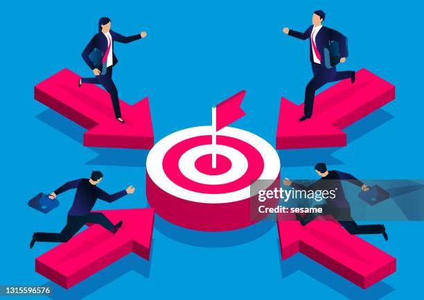 pursue and goals, isometric four businessmen run on arrows and trying to reach common goals - bullseye target stock illustrations