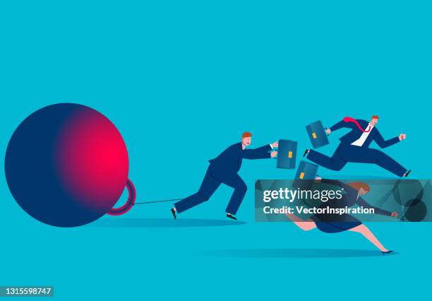businessman legs tied to iron balls and chains run - restraining stock illustrations