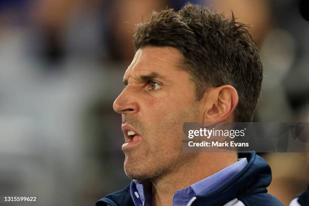 Bulldogs coach Trent Barrett looks on during the round eight NRL match between the Canterbury Bulldogs and the Parramatta Eels at Stadium Australia,...