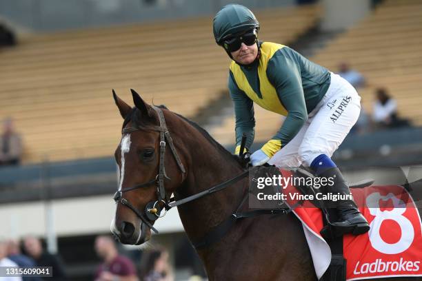 Lisa Allpress riding Tolemac to the start of Race 8, the Ladbrokes Easy Form Handicap, during Melbourne Racing at Sandown Hillside on May 01, 2021 in...