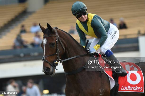 Lisa Allpress riding Tolemac to the start of Race 8, the Ladbrokes Easy Form Handicap, during Melbourne Racing at Sandown Hillside on May 01, 2021 in...